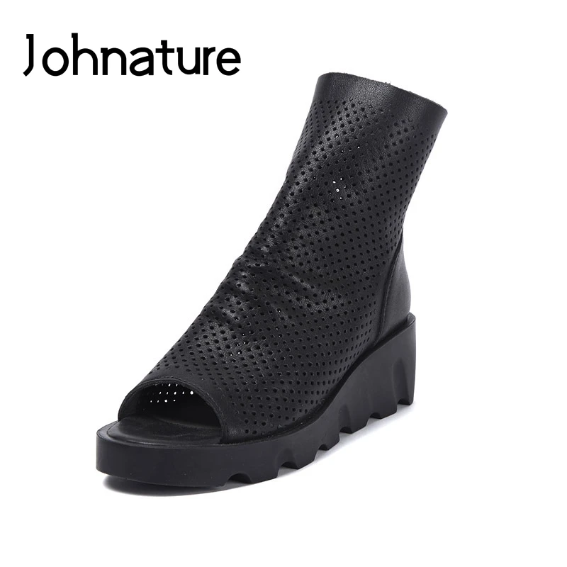 Johnature New 2019 Summer Genuine Leather Gladiator Casual Zipper Peep Toe Hollow Retro Wedges Platform Sandals Women Shoes