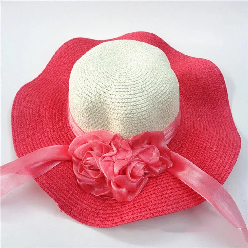 Fashion Straw Hat Flower Ribbon Summer Beach Wide Brim Fisherman Sunscreen Folding Hand Made Casual Wave Girls Hats CP0238 (7)