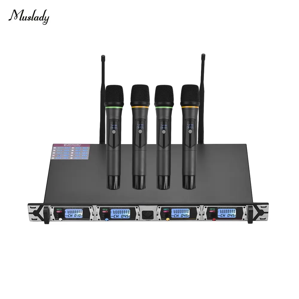 Muslady D4 Профессиональный 4-канал частоты UHF Беспроводной микрофон Системы включает в себя 4 портативный микрофон+ 1 стойку-приемник с креплением