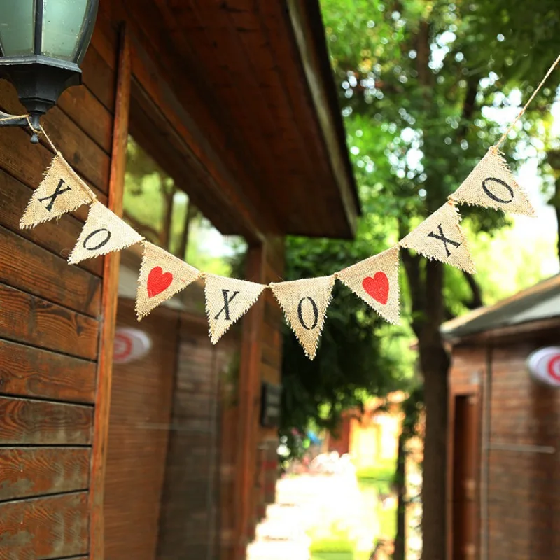 XOXOXO Letter Printed Burlap Banner Flag Bunting Garland Valentine's Day Decorative Hanging Ornaments Props