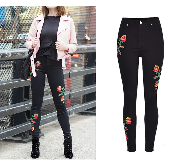 2017 European and American women hot high waist Slim stretch front and rear side cross embroidery roses cowboy pants pants pants (5)