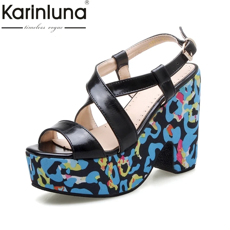 

KARINLUNA Geometry Print Chunky Heels Thick Platform Summer Woman Shoes Open Toe Cross Strap Women Sandals Big Size 34-43