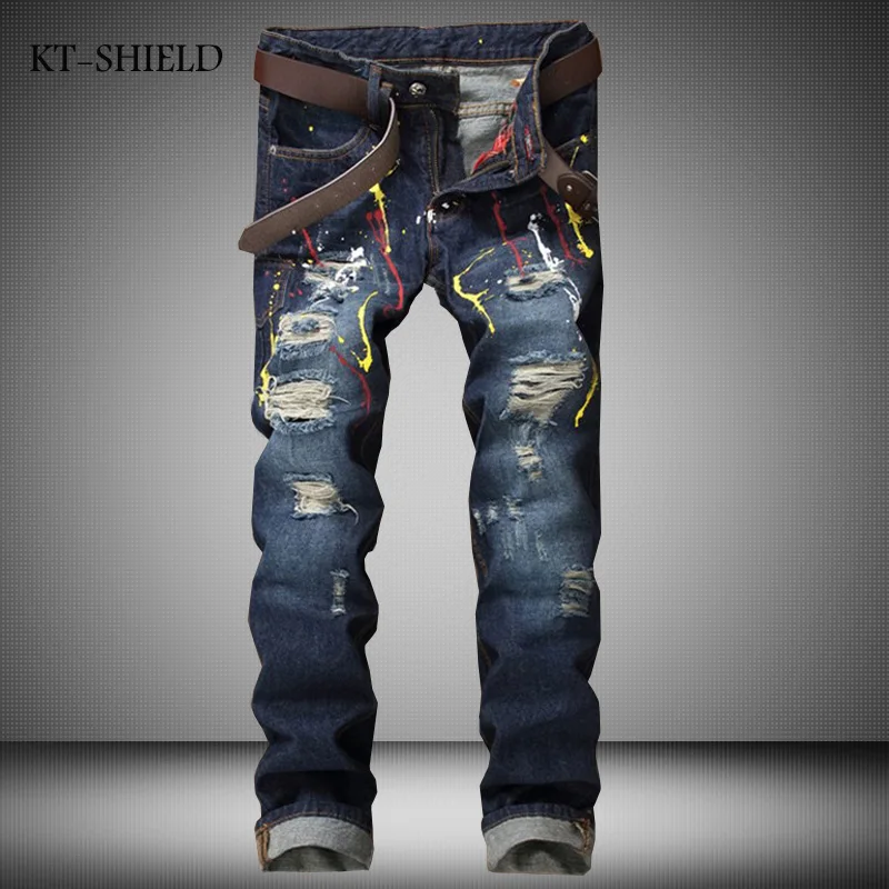 Streetwear Splash Ink Mens Ripped Biker Jeans Brand Designer Distressed Moto Jeans Pants Male Slim Fit