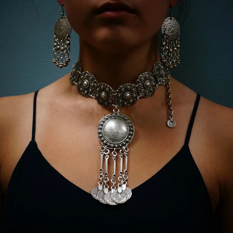 С монетами, в стиле бохо Кулоны ожерелье женское цыганское этническое племенное винтажное серебряное Макси колье-чокер Femme Bijoux турецкое ювелирное изделие