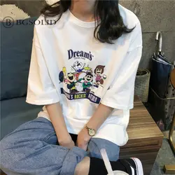 2019 корейская линия с круглым вырезом печатная свободная футболка с коротким рукавом утолщенная