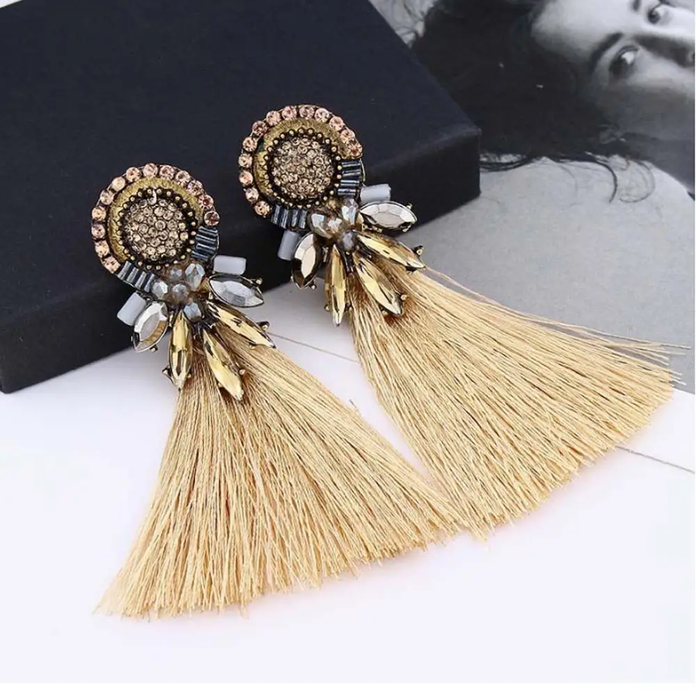 

Charming Vintage Bohemian Crystal Long Drop Tassel Earrings for Women Statement Ethnic Fringe Dangle Earrings Fashion Jewelry