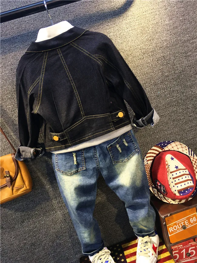Комплект осенней одежды для мальчиков из 3 предметов, джинсовая куртка для мальчиков рубашка в стиле пэчворк и джинсовый набор, Детское пальто с длинными рукавами и отложным воротником