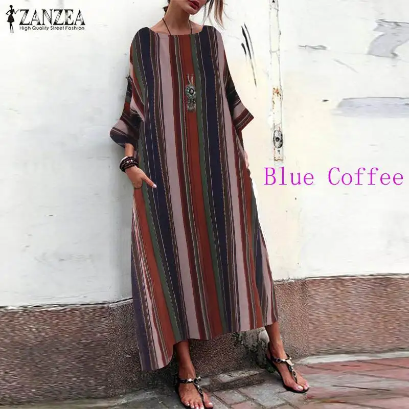 Blue Coffee Летнее Полосатое платье в пол ZANZEA женский сарафан модные Повседневное Vestido Женские богемные женские Туника роковой плюс Размеры 5XL - Цвет: Blue Coffee
