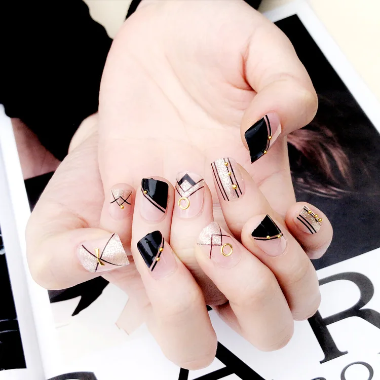 

24pcs Halloween Gift Black Solid Black Silver Glitter Geometry Oval Short Full Cover False Nail Press on Nails Decoration unhas
