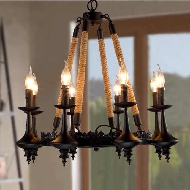 

Hot sale Creative Cafe Bar Restaurant chandelier lamp designer hemp rope vintage American iron lights