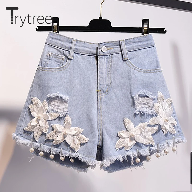 

Trytree 2019 Summer Jeans Women Casual Tassels Pearls Denim Shorts Appliques Button Fly Zipper Pockets Hole Shorts Fashion Jeans