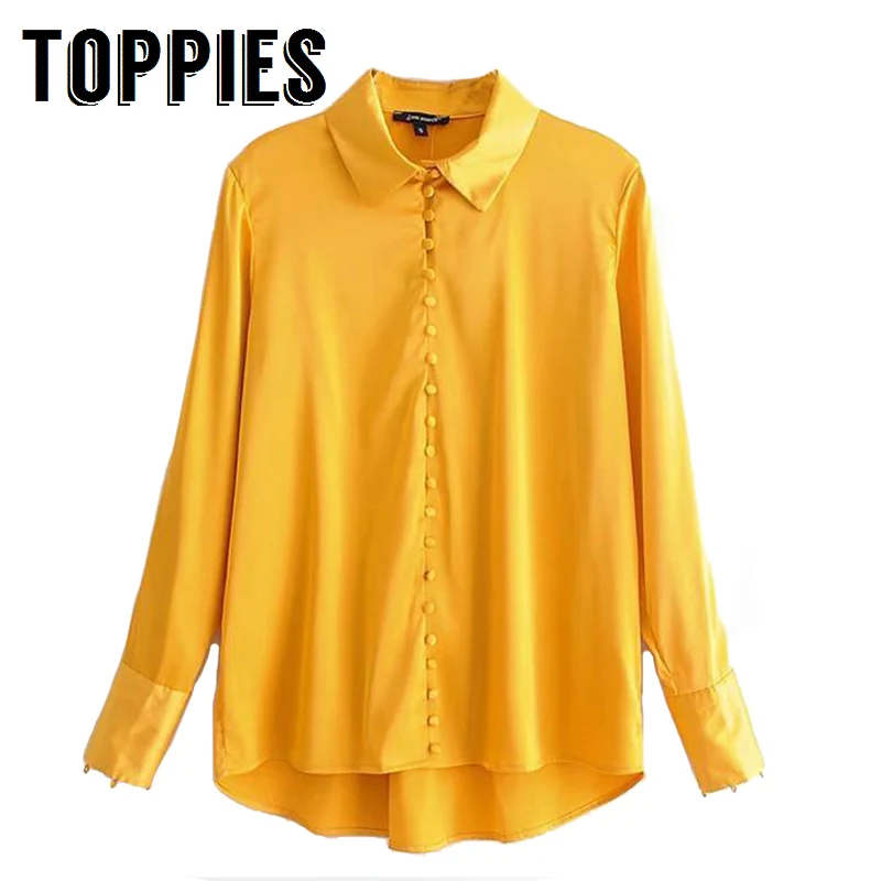 

2019 Spring Long Sleeve Satin Shirt Office Lady Formal Yellow Long Shirts Womens Tops and Blouses Fashion Ladies Tops