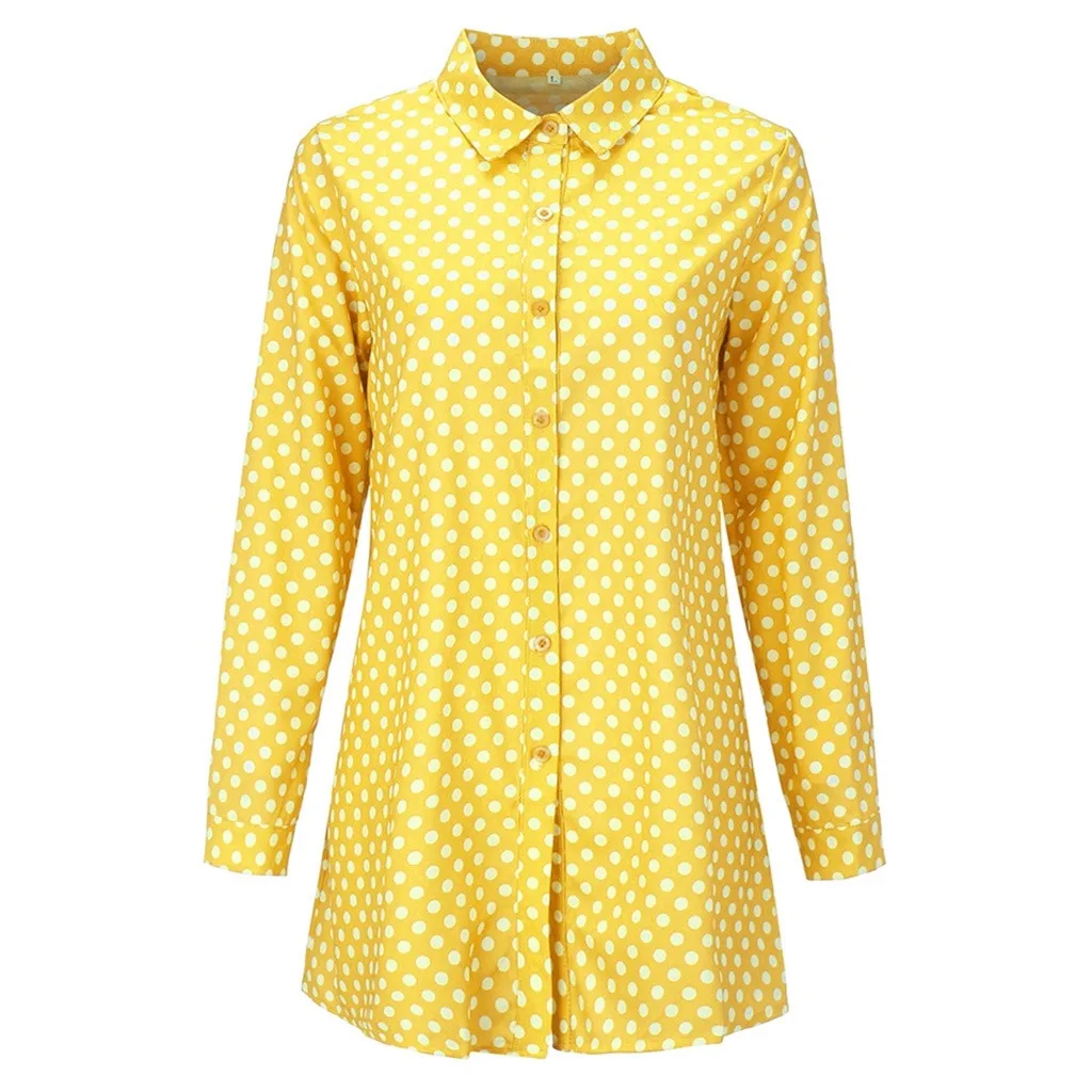 Блуза, повседневная женская Свободная винтажная рубашка в горошек с длинным рукавом, модные женские осенние Топы, топ на пуговицах, блузка, блузы размера плюс