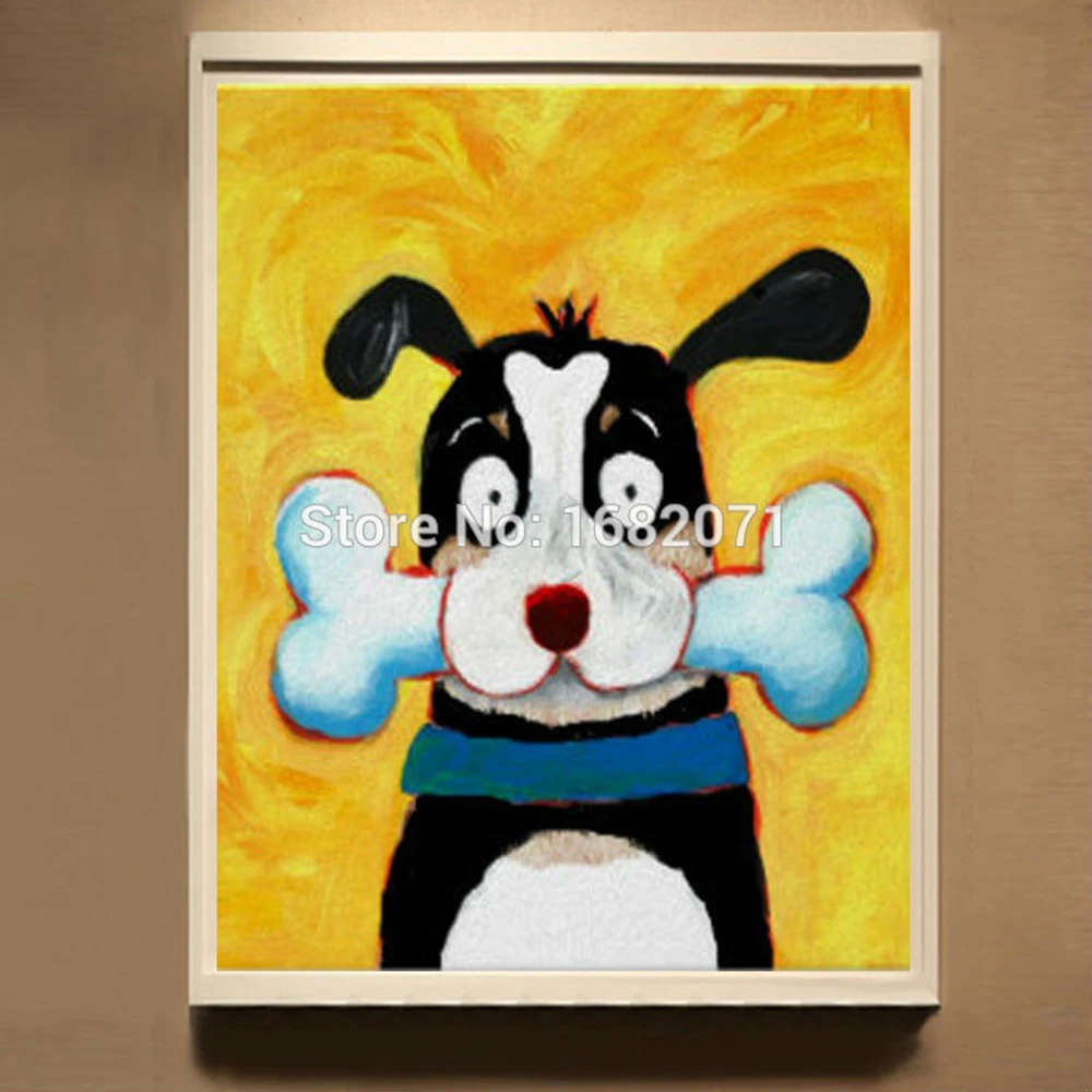 Peinture A L Huile Abstraite De Chien Heureux Avec Os Sur Toile Peint A La Main Drole Decoration De Chambre De Bebe Aliexpress