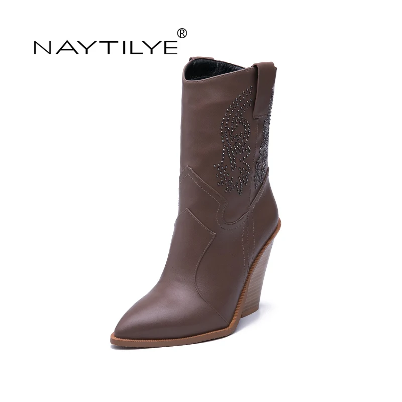 

NAYTILYT 2019 new boots Pu ECO leather shoes Woman Round Toe Medium heels Spring Autumn black and brown Free shipping
