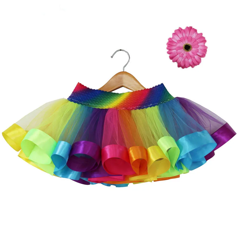 

Children's Rainbow Tutu Skirt Floral Headwear Set For Girls Colorful Tulle Gauze Princess High Waist Skirts Kids tutus Clothings
