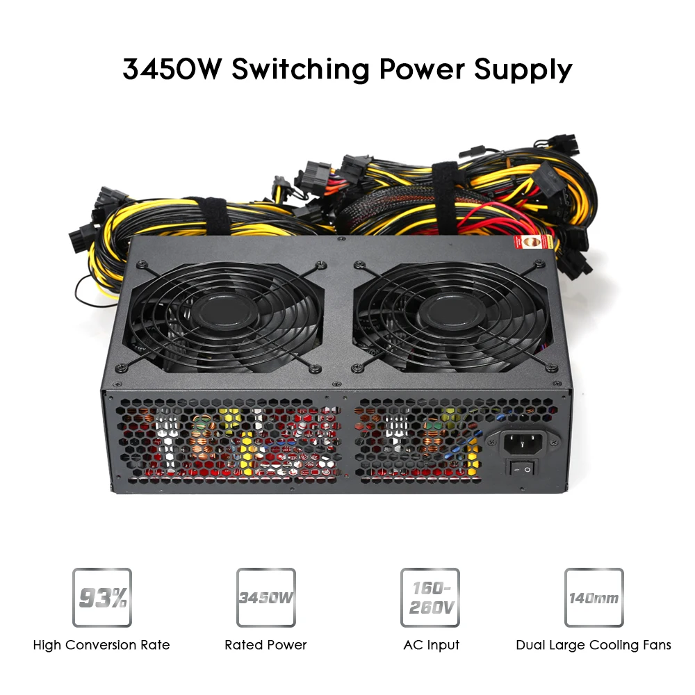 

3450W Switching Power Supply Active PFC Low Noise Cooling Fans 93% Efficiency for Bitcoin Ethereum Miner Mining Machine 160-260V