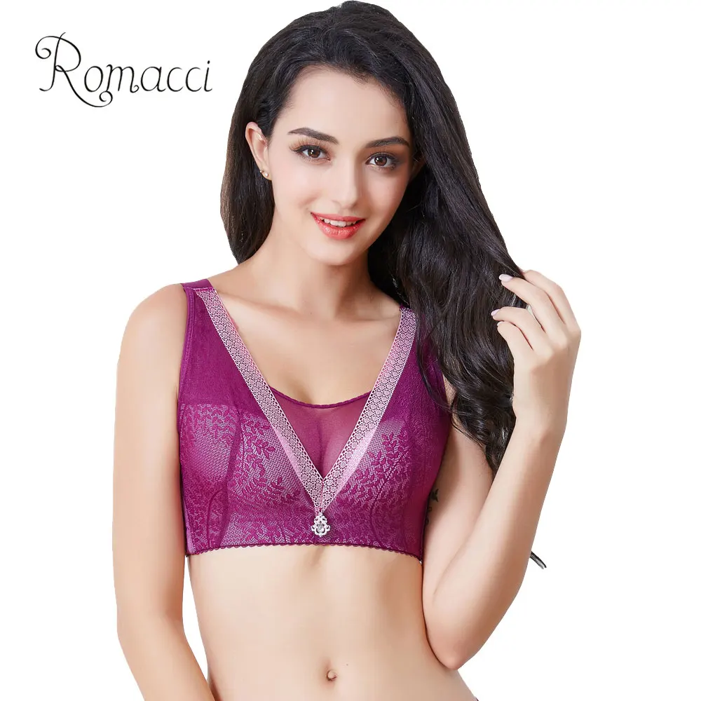 Romacci Sexy Lingerie Women BH Lace Bra Plus Size 34 Cup Push Up Brassiere Padded Large Cup Transparent Underwear Big Size Bra