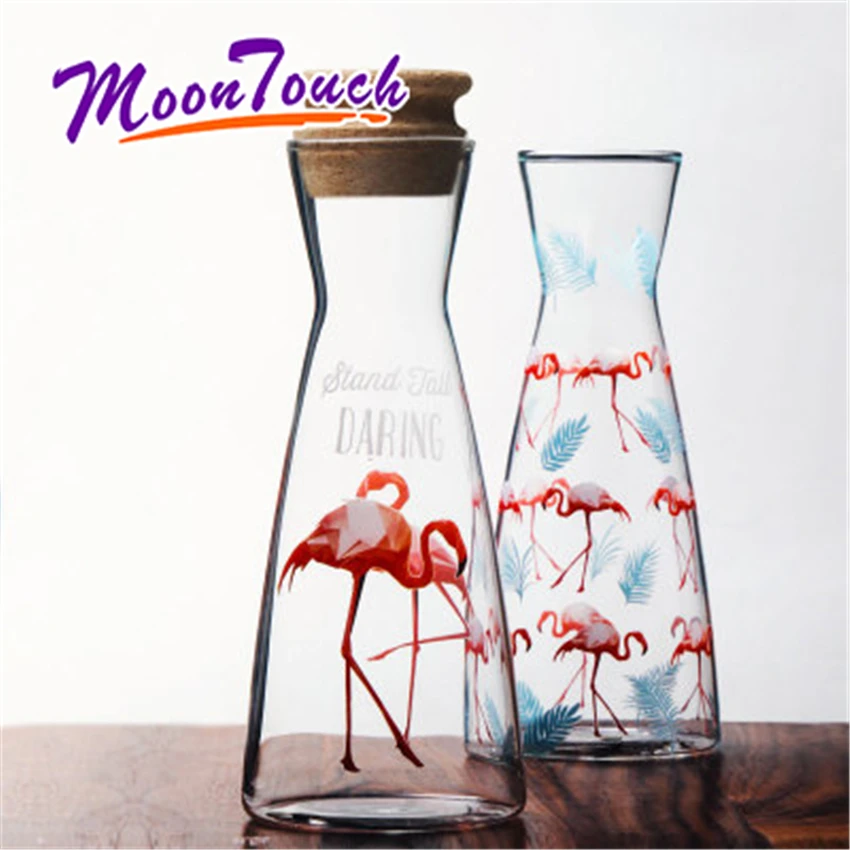 

Glass Jug With Lid Flamingo Fashion Pattern Portable Cold Drink Juice Coffee Pot Home Creative Kettle Wooden Lid Large Capacity