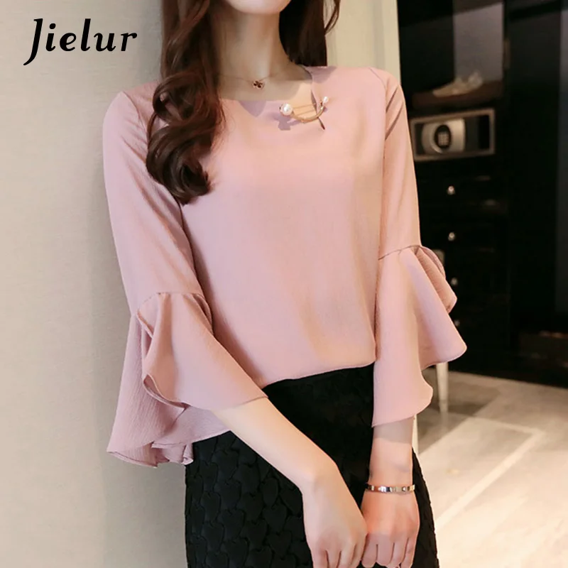 

Jielur Pink White Elegant Lady Pearl Half Flare Sleeve Tops Female Chiffon Shirts for Women Solid Color S-XXL Summer Blouse
