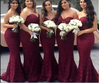 

Burgundy Plus Size Lace Mermaid Bridesmaid Dresses 2020 Sweetheart Backless Sweep Train Long Wedding Guest Prom Party Gowns