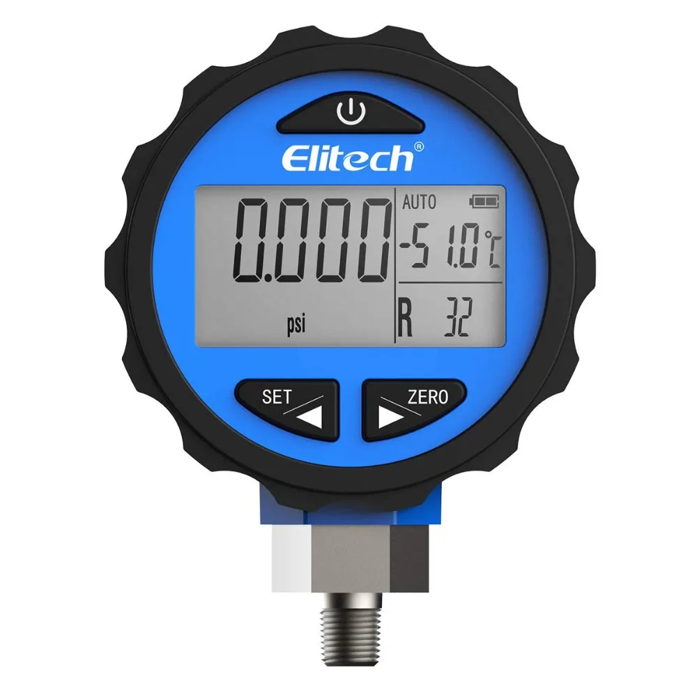 

Elitech PG-30Pro Blue Digital Pressure Gauge for 87+ Refrigerants with Backlight 0-500 PSI 1/8 NPT