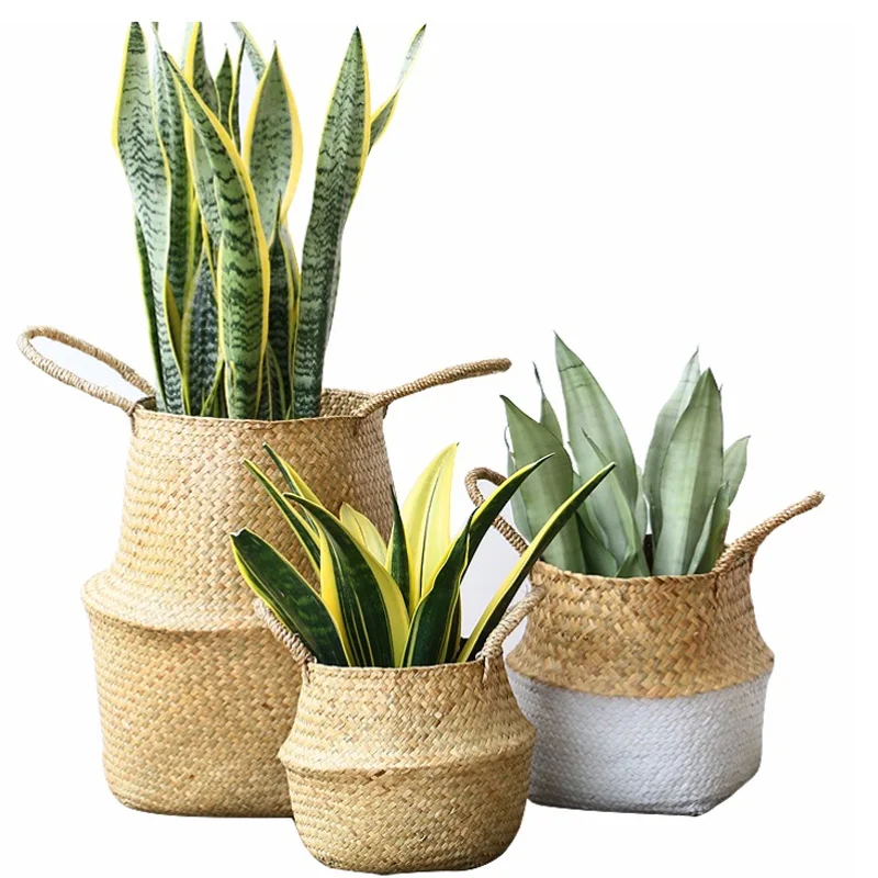 Garden Plant Flower Pot Handmade Rattan Storage Basket Foldable Seagrass Straw Hanging Woven Handle Toy Storage Container 1Pc