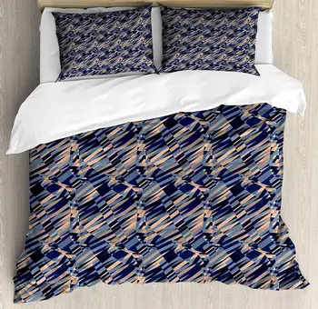 

Abstract Duvet Cover Set, Diagonal Geometric Pattern Intersecting Lines and Waves with Fractal Effects, 4 Piece Bedding Set