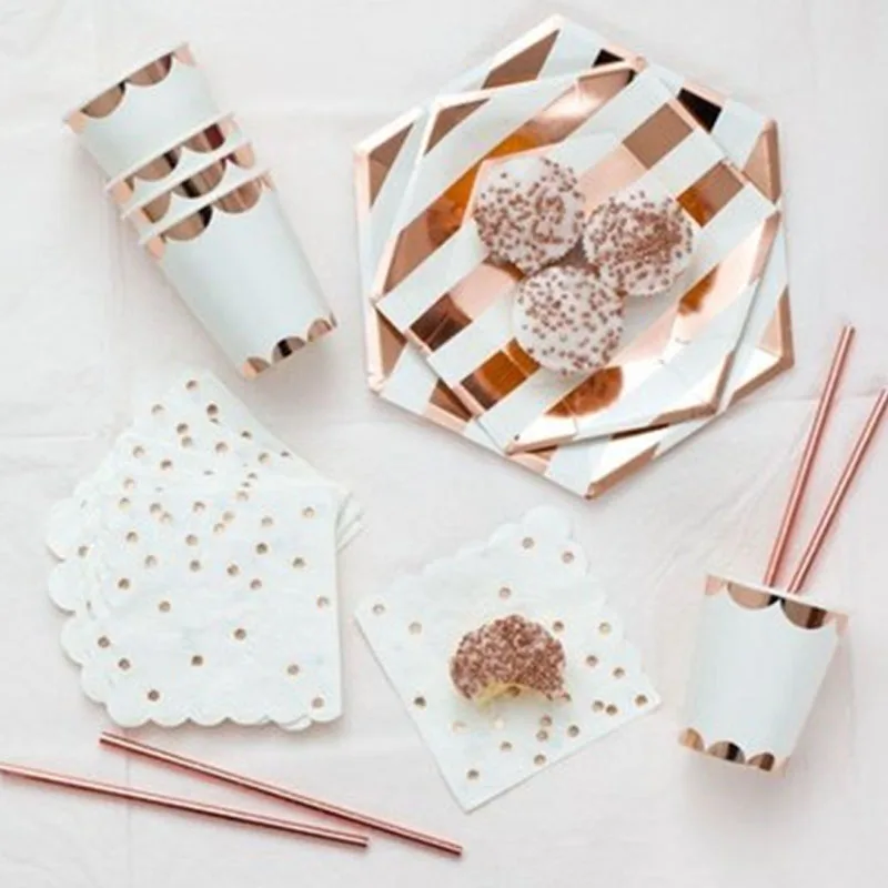 

Rose Gold Foil Striped Party Supplies Disposable Tableware Sets Paper Plate Cups Napkins Snack Gift Bag For Wedding Favors
