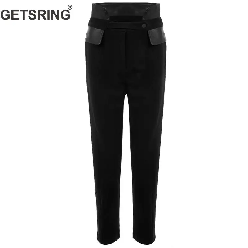 

GETSRING Women Pants High Waist Woolen Pu Leather Splice Thicken Pencil Pants 2018 New Fashion Black Loose High Waists Pants