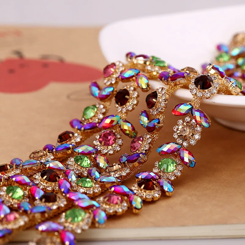 

1 Yard Gold Crystal Rhinestone Trim with Color Stones and Chain for Sewing DIY Dresses Bags Shoes