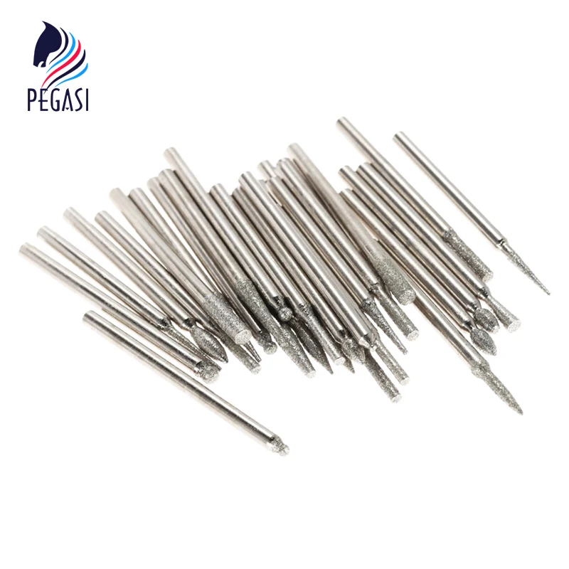 

PEGASI 30pcs 3mm Electroplated Diamond Grinding Heads Burrs Bur Bit Set For Dremel Tool Accessories Kit Minitaladro Rotary Set