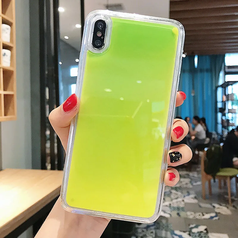 Светящийся неоновый песок сплошной цвет чехол для iPhone XR XS max X 6 7 8plus светится в темноте Жидкий блеск зыбучий песок чехол для телефона крышка