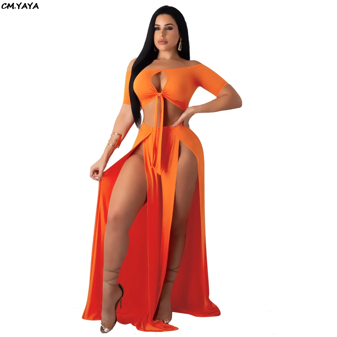 

2019 women summer off the shoulder tie up crop top high split slim maxi skirt beach sexy party club long dress 3 color GLP8397