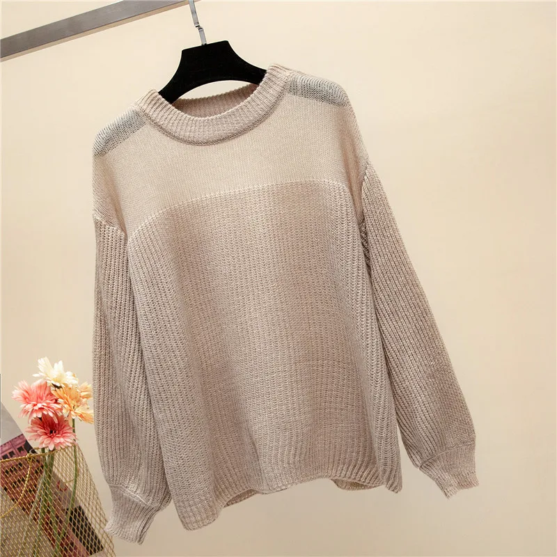 2018 Autumn Winter Sweater Women Pullover Jumper Long Sleeve O-Neck Knitted Tops Outwear Femme Patchwork Lantern Sleeve Sweater