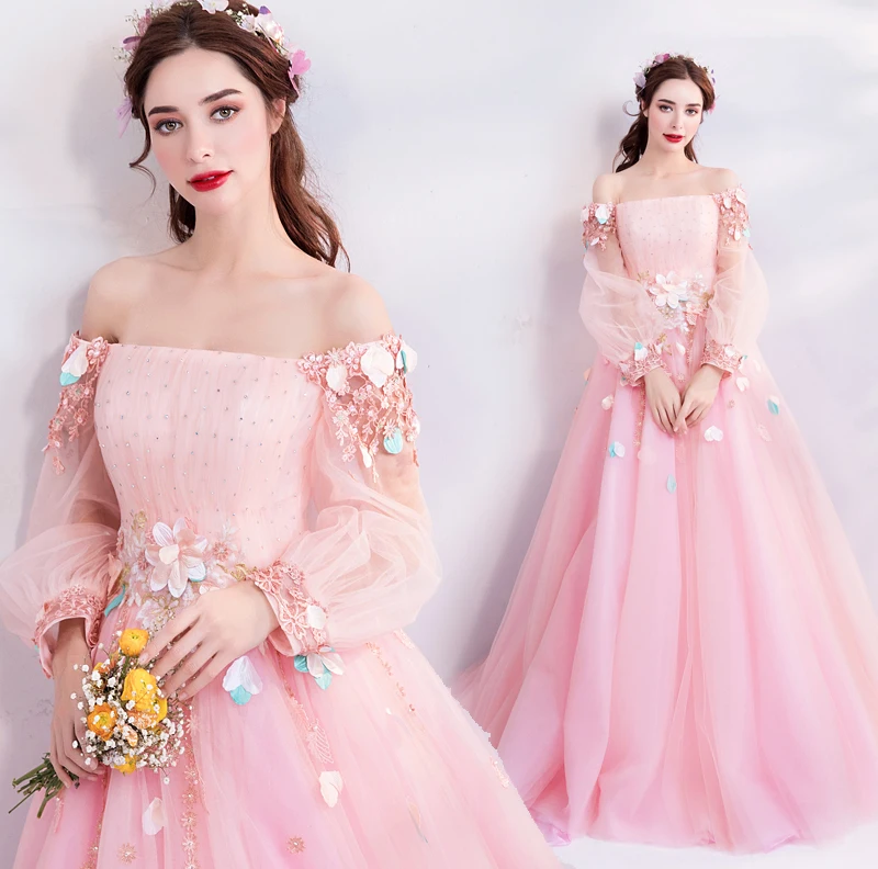 Roze Prom Dresses 2018 Kant Applicaties Crystal Tulle Lange Mouwen Boothals A-lijn Avondjurken Vestidos Longos De Formatura Roze Prom Dresses 2018 Kant Applicaties Crystal Tulle Lange Mouwen Boothals A-lijn Avondjurken Vestidos Longos De Formatura