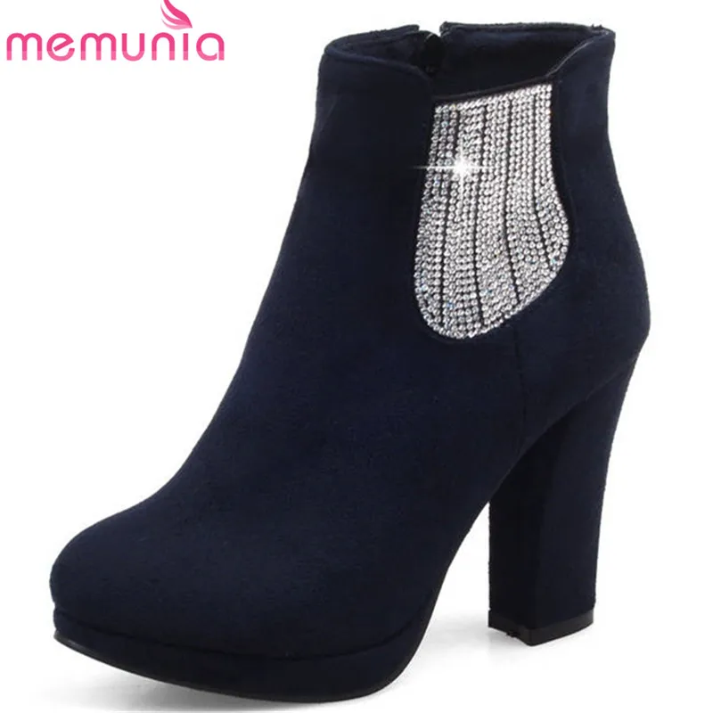 

MEMUNIA 2018 top quality flock round toe ankle boots simple zipper autumn winter boots women crystal platform high heels shoes