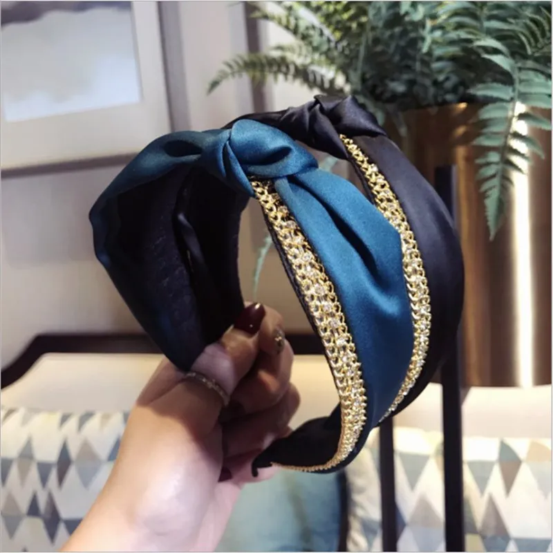 

High-end hair accessories women's satin diamond super flash knot knot headband wide-brimmed bow headband wild hair band headwear