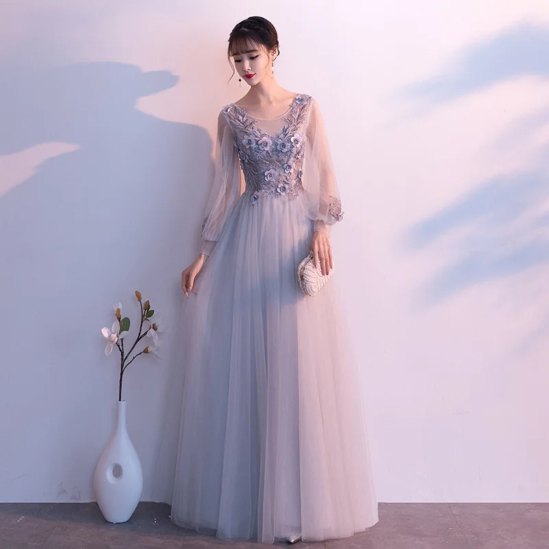 Элегантное серое длинное платье с вышивкой в азиатском стиле Vestidos, брюки Ципао вечернее платье, Классические Вечерние Платья, размер XS-3XL