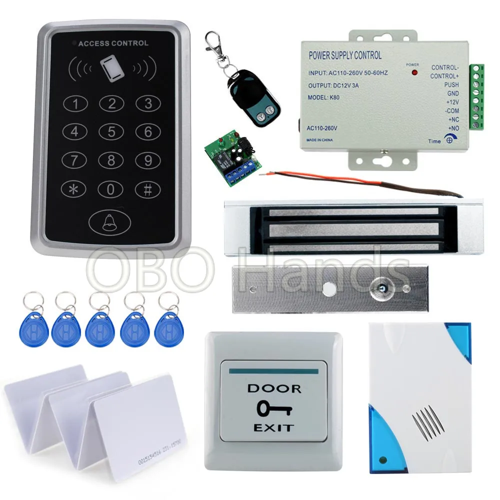 

Full door access control lock system kit T11+180KG magnetic lock+power supply+exit button+door bell+10 pcs key cards+remote