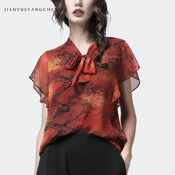

Snake Skin Print Red Chiffon Blouse Women Bow-knot cravat Cuff Sleeved V-Neck Tops Loose Plus Size Female Summer Casual Blouses