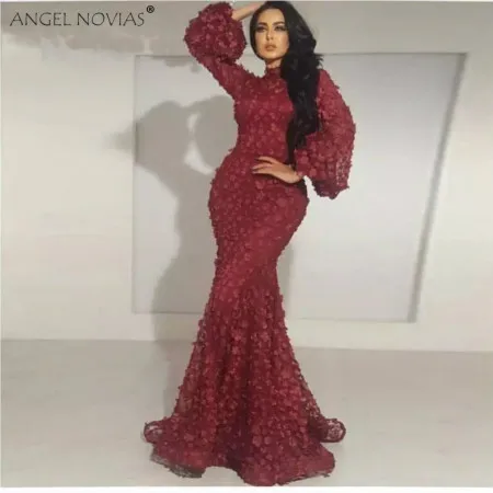 ANGEL NOVIAS, длинные рукава, высокая горловина, Бордовое платье с тесьмой Русалка, саудовская Арабская леди, вечерние платья Avondjurken, на заказ - Цвет: burgundy