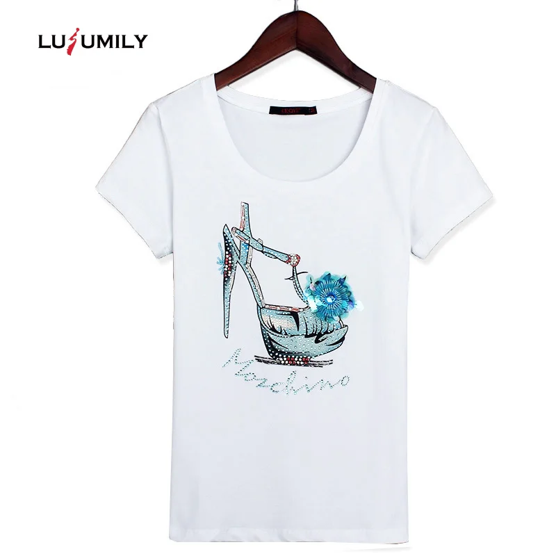 

Lusumily Summer T-shirt Women Cotton 2019 Fashion Sequins kawaii Black White Casual Plus Size Female Tops Flower Slim female Tee