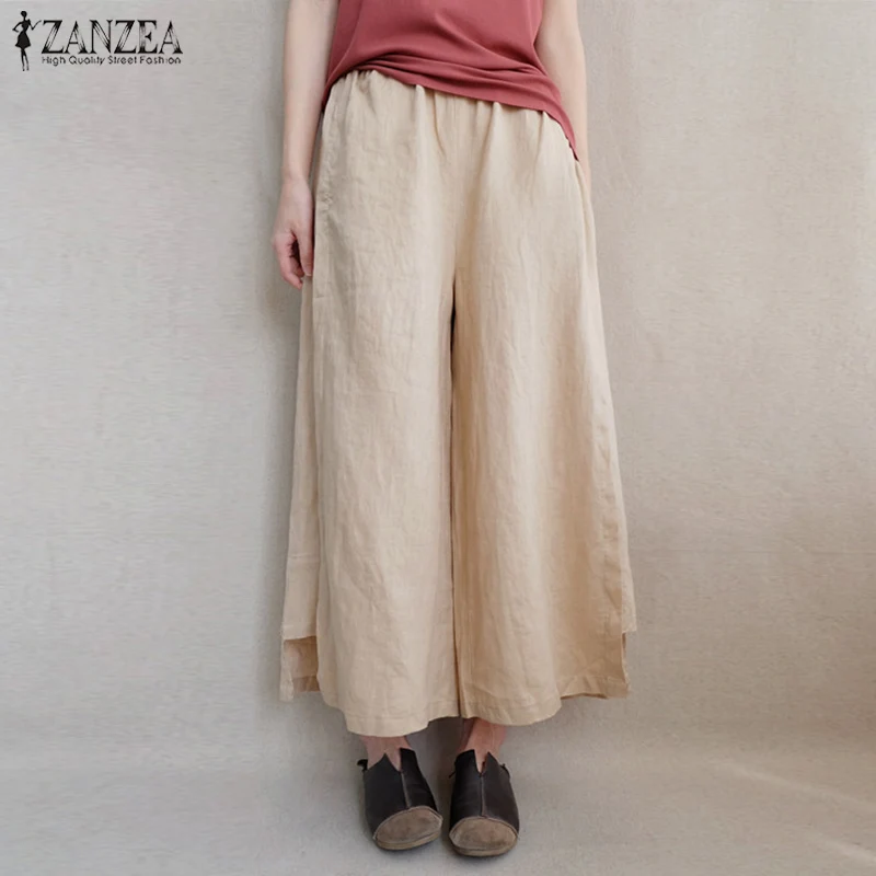 5XL 2019 ZANZEA Women Wide Leg Pants Summer Casual Elastic Waist Cotton Linen Loose Pantalon Flare Trousers Streetwear Plus Size 5XL 2019 ZANZEA Women Wide Leg Pants Summer Casual Elastic Waist Cotton Linen Loose Pantalon Flare Trousers Streetwear Plus Size