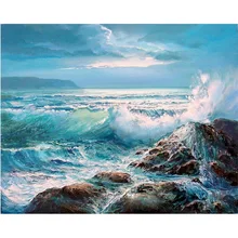 19.6x15.7in Diy Framed Oil Painting By Numbers Landscape on Canvas Handpainted Waves Paintings for Living Room Wall Art