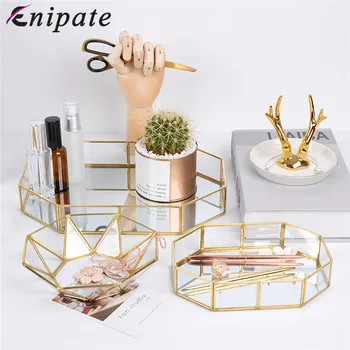 

Enipate Nordic Style Glass Copper Geometry Storage Baskets Box Simplicity Style Home Organizer Jewelry Necklace Dessert Plate