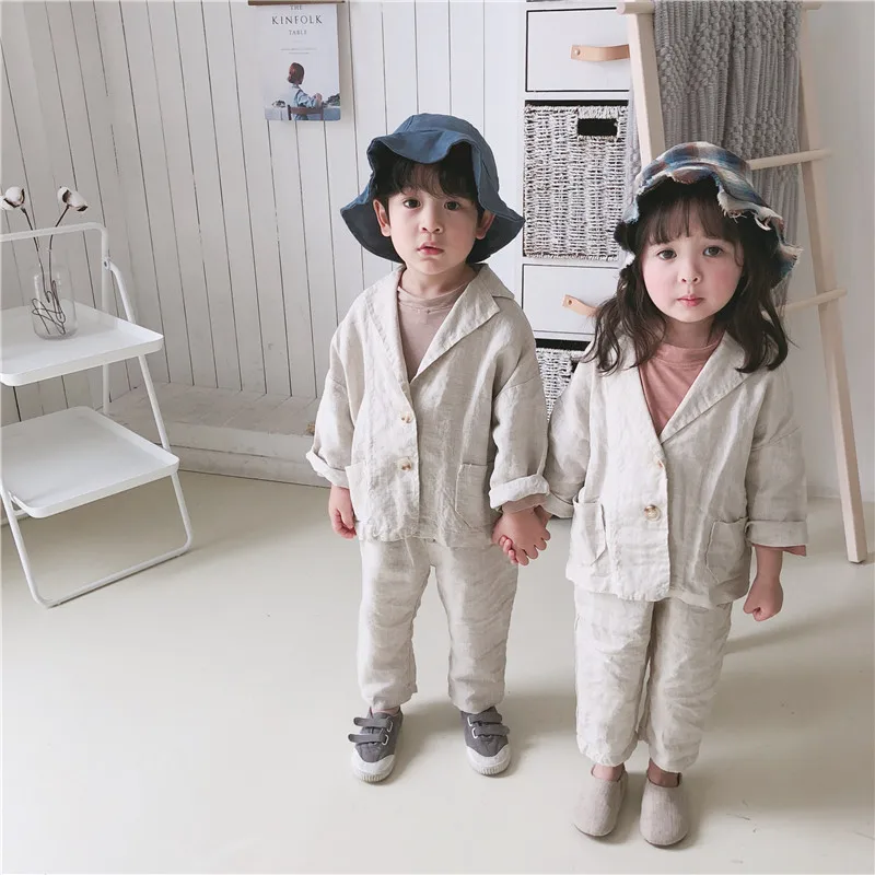 

DFXD Toddler Clothes Kids Sets 2019 Spring High Quality 2pc Children Clothing Sets Cotton Linen Blazer Coat+Pant Outfits 1-7Yrs