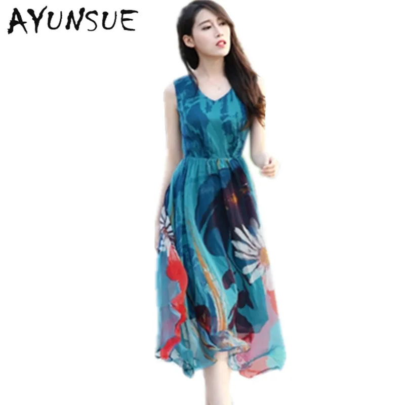 

Long Printing Summer Beach Dress Women 2019 Bohemian Blue Dress Chiffon Sleeveless Women Dresses Vestidos De Verano FYY311