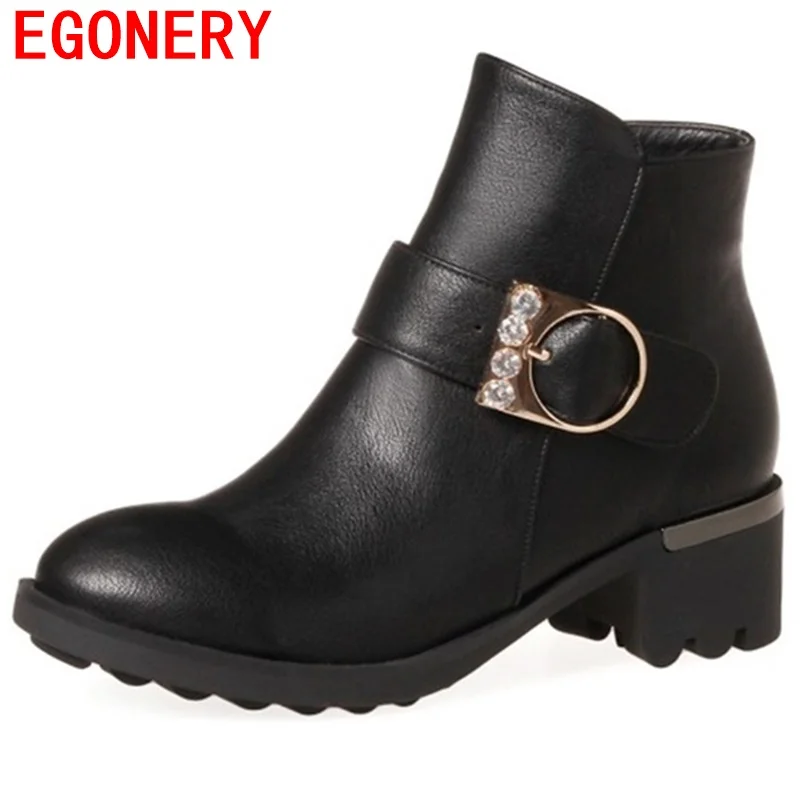 

egonery women ankle boots round toe mid heel shoes ladies buckle booties red black grey 3 color good quality shoes woman botas