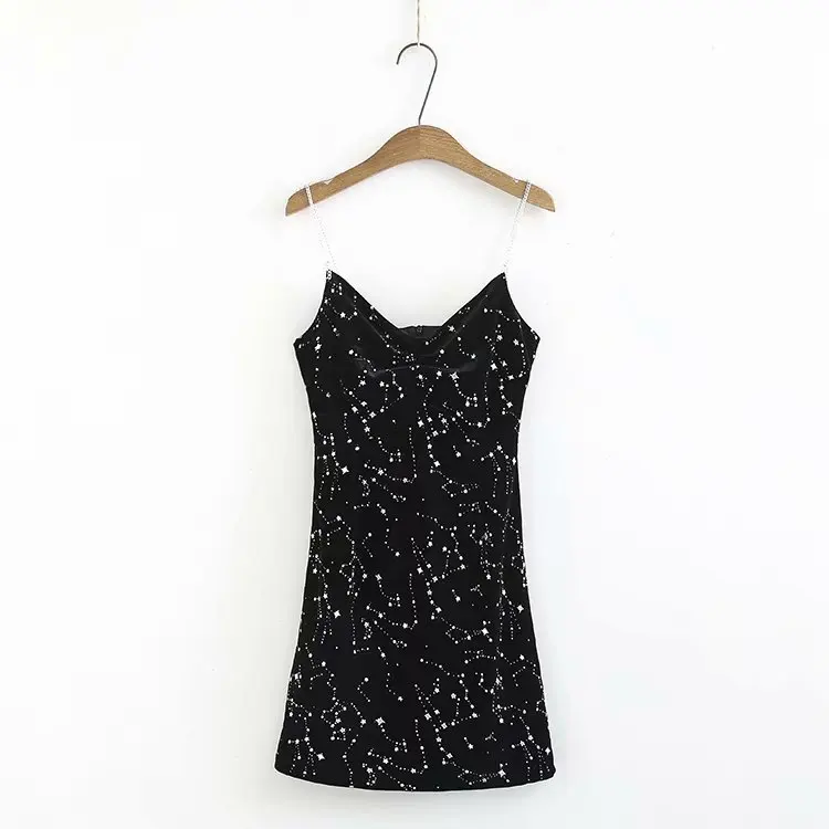 

MUMUZI knitted velvet black dress new women's sexy v-neck spaghetti dresses summer geometric print dresses with open back